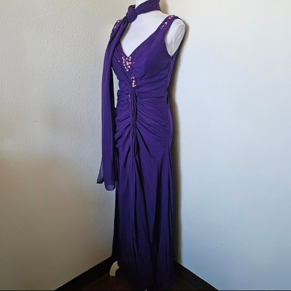 Let'S Fashion Dresses & Skirts - Let's Fashion Purple Embellished Ruched Formal Gown with Scarf